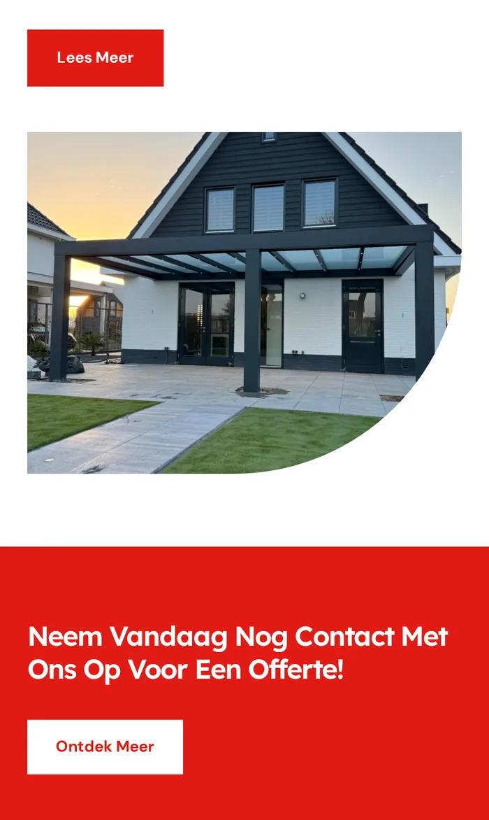 Pagina van AVeranda met de sectie over het bedrijf en een foto van een aluminium veranda tegen een woning bij zonsondergang.