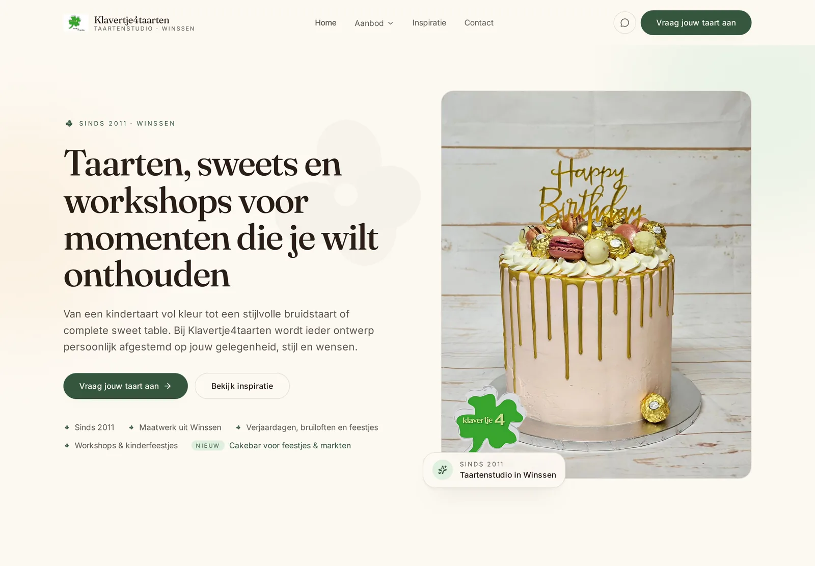 Uitgewerkte website van Klavertje4taarten met een grote productfoto en een duidelijke aanvraagknop.