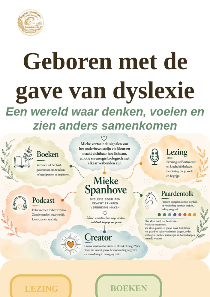 Homepage van Mieke Spanhove met een gelaagde compositie waarin boeken, podcast, lezing en paardentolk als verbonden onderdelen zijn uitgewerkt.